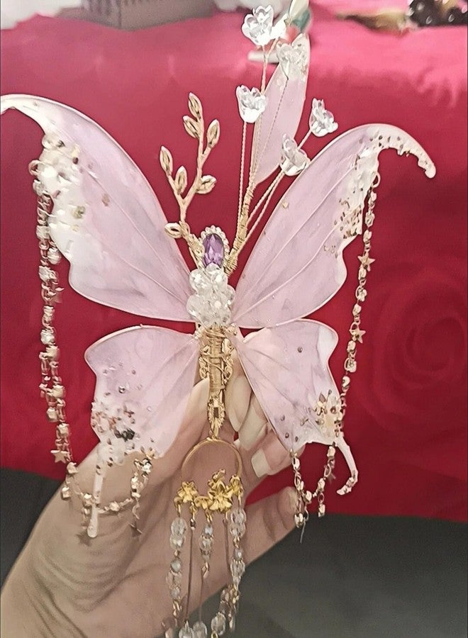 Treayes Fairy Butterfly Hair Clip - Pink Butterfly Wings Hair Accessories with Tassel Elven Hair Clamp Elf Claw Clip for Photoshoot Prom Wedding Fantasy Costume Cosplay,Lightweight and Durable - Image 2